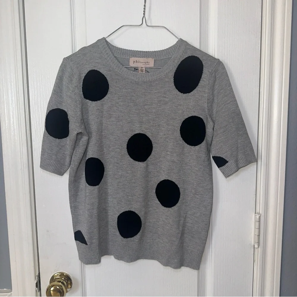 philosophy Women’s Grey With Black Polk Dots Sweater Size Small Rayon‎ And Nylon